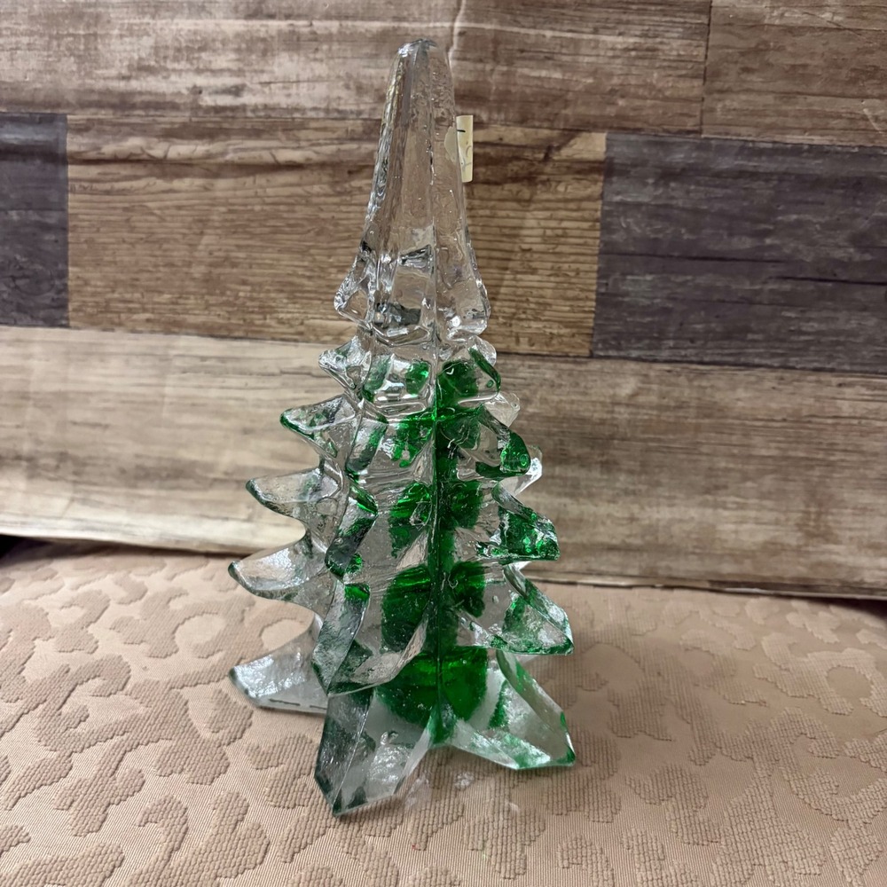 VTG Art Glass Christmas Tree Figurine Textured Ice Green Core Holiday Decor 8.25